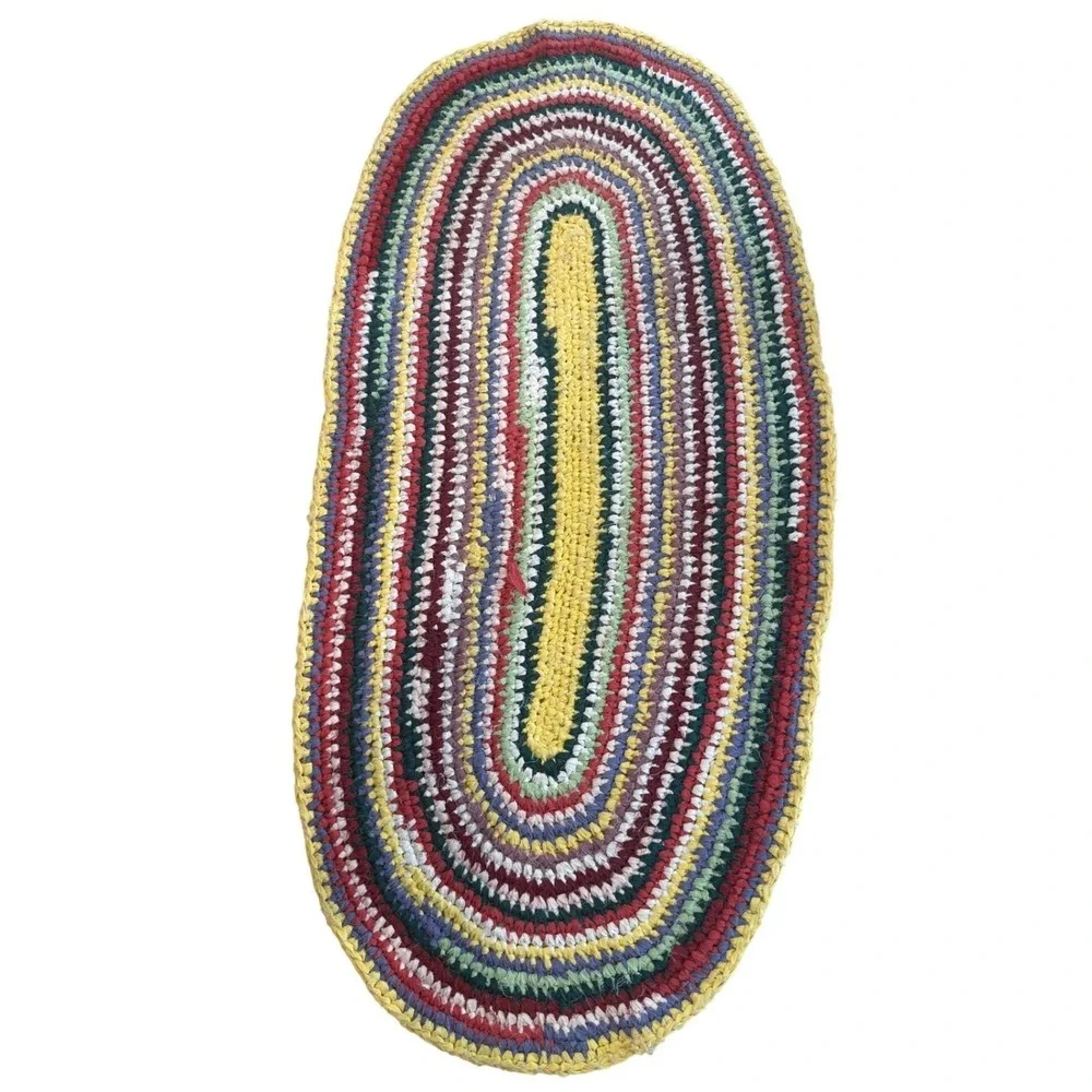 Vintage Crochet Rag Rug Oval Multicolor Striped Cottagecore Farmhouse Mat 49x23